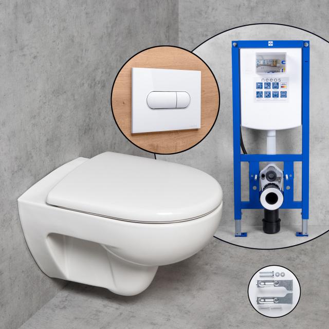 Geberit Renova Wand-WC & Tellkamp WC-Sitz mit neeos Vorwandelement, Betätigungsplatte mit ovaler Betätigung in weiß, WC ohne Spülrand, mit KeraTect