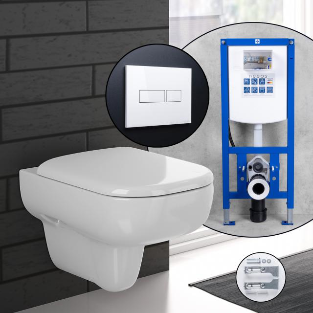 Geberit Smyle Komplett-SET Wand-WC mit neeos Vorwandelement, Betätigungsplatte mit eckiger Betätigung in weiß, WC ohne Spülrand