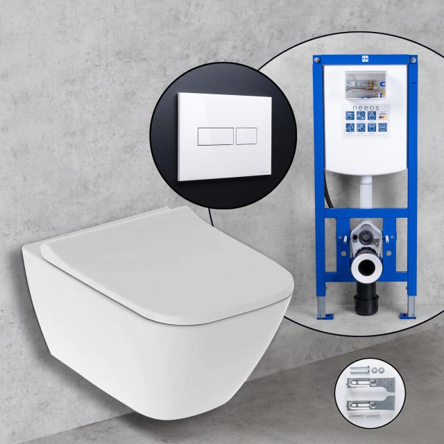 Geberit Smyle Square Compact Komplett-SET Wand-WC mit neeos Vorwandelement, Betätigungsplatte mit eckiger Betätigung in weiß