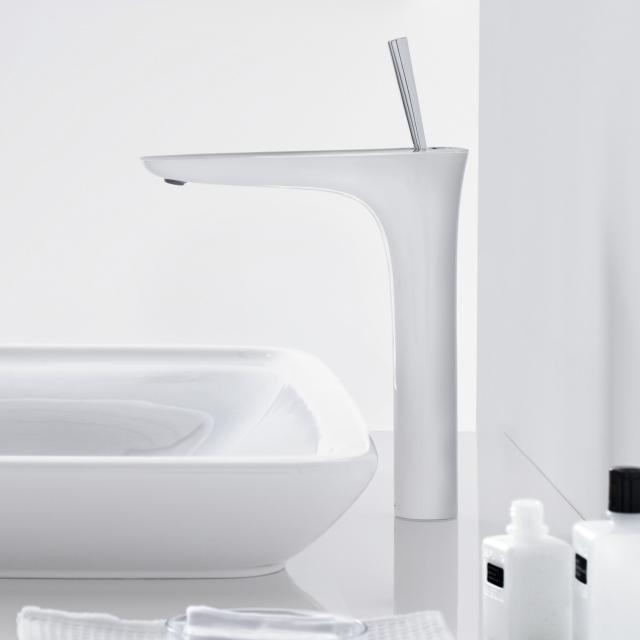 Hansgrohe PuraVida Einhebel-Waschtischmischer 240, für Waschschüsseln, Anschluss 900 mm mit Push-Open-Ablaufgarnitur, weiß/chrom
