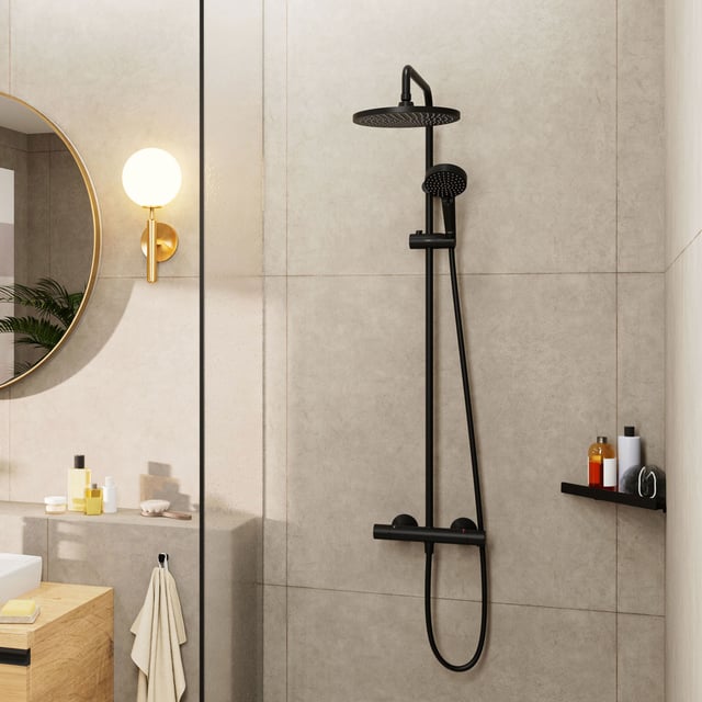 hansgrohe Vernis Blend exposed shower system with thermostat matt black ...
