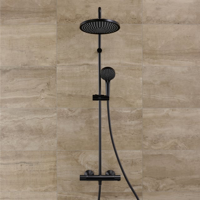hansgrohe Vernis Blend exposed shower system with thermostat matt black ...