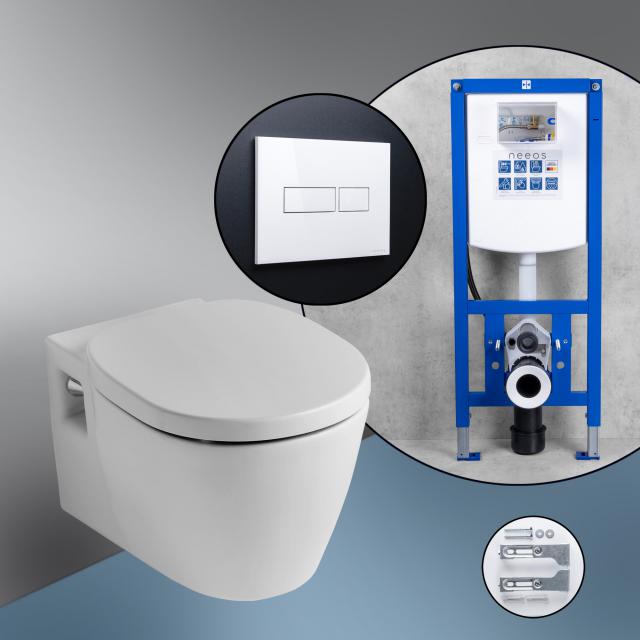 Ideal Standard Connect Komplett-SET Wand-WC mit neeos Vorwandelement, Betätigungsplatte mit eckiger Betätigung in weiß