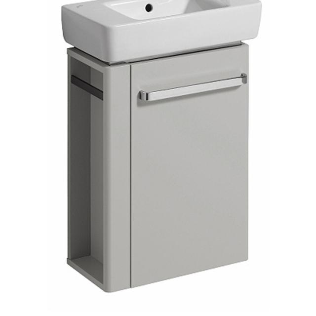 Geberit Renova Compact Handwaschbeckenunterschrank mit 1 Tür und Handtuchhalter Front hellgrau hochglanz / Korpus hellgrau matt