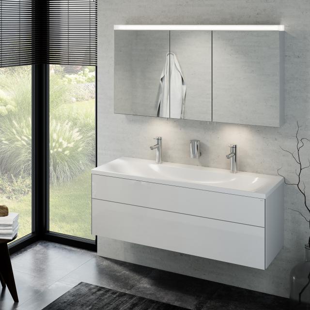 Keuco Royal Reflex Doppelwaschtisch mit Waschtischunterschrank und LED-Spiegelschrank Front weiß hochglanz / Korpus weiß hochglanz