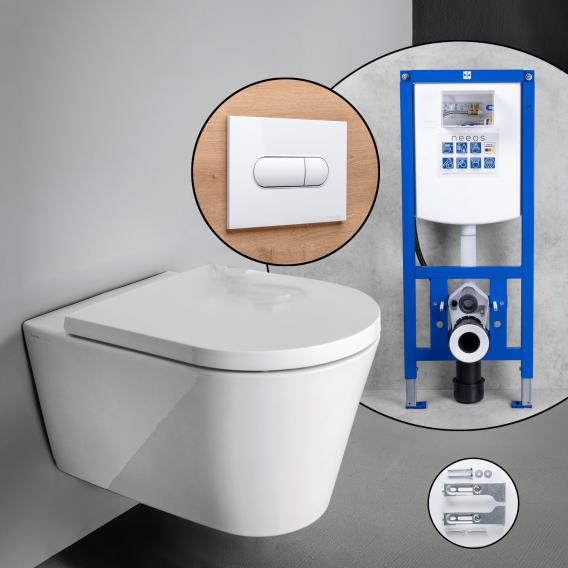 Kartell by LAUFEN Komplett-SET Wand-WC mit neeos Vorwandelement, Betätigungsplatte mit ovaler Betätigung in weiß, WC in weiß mit CleanCoat