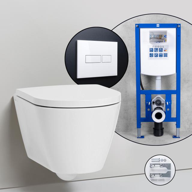 Kartell by LAUFEN Komplett-SET Wand-WC mit neeos Vorwandelement, Betätigungsplatte mit eckiger Betätigung in weiß, WC in weiß matt
