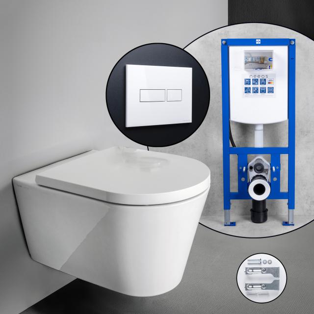 Kartell by LAUFEN Komplett-SET Wand-WC mit neeos Vorwandelement, Betätigungsplatte mit eckiger Betätigung in weiß, WC in weiß mit CleanCoat