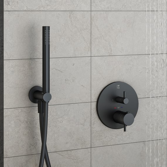 Ensemble De Douche Mural Noir HUODAY - Douche De Pluie Carrée + Douchette - Mitigeur - Neuf