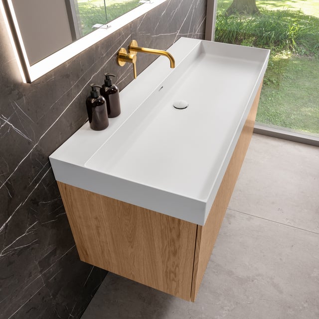neoro n50 line Unterschrank B: 120 cm mit 1 Auszug, mit profilierter Eichenfront, Waschtisch cube ohne Hahnloch, mit Überlauf - BN0464BPO+BN0136WM
