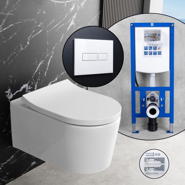 neoro n40 Komplett-SET Wand-WC mit neeos Vorwandelement, Betätigungsplatte mit eckiger Betätigung in weiß