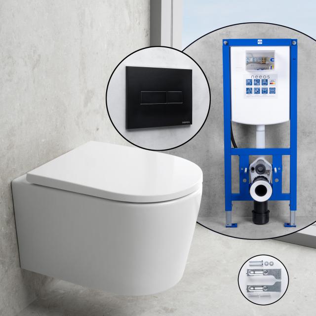 neoro n50 Komplett-SET Wand-WC mit SilentPowerFlush und neeos Vorwandelement, Betätigungsplatte mit eckiger Betätigung in schwarz matt