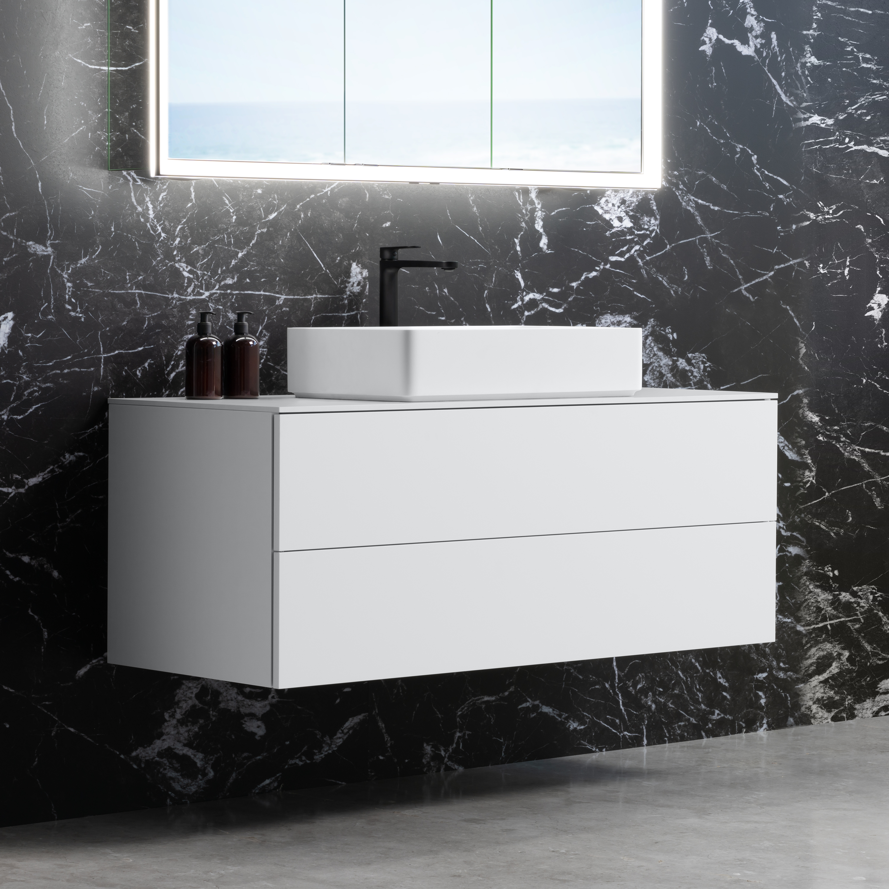 neoro – das design-bad komplett mit spiegelschrank, badmöbelanlage, wc,  dusche inkl. armaturen