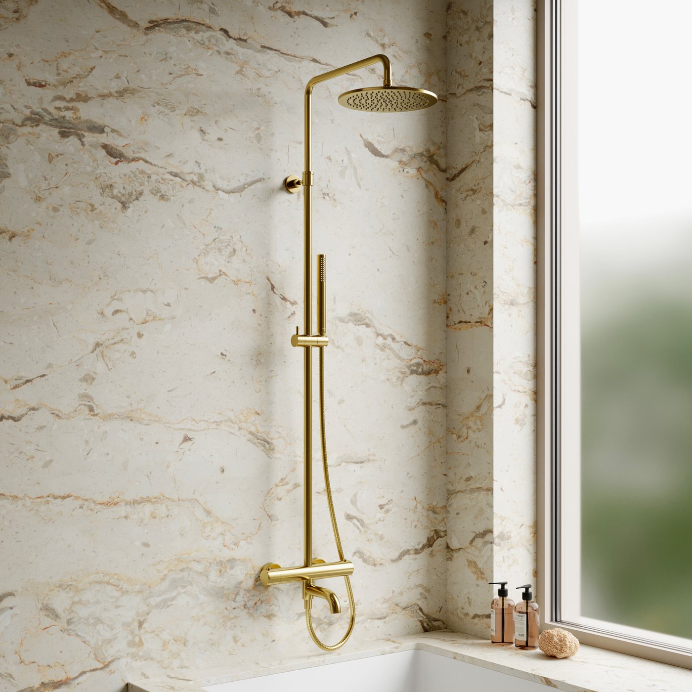 OMNIRES Y shower system, thermostat, with bath inlet brushed gold ...