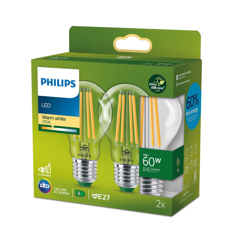 Philips LEDclassic E27 Leuchtmittel, 4 Watt, klar, Doppelpack, 8720169275058,