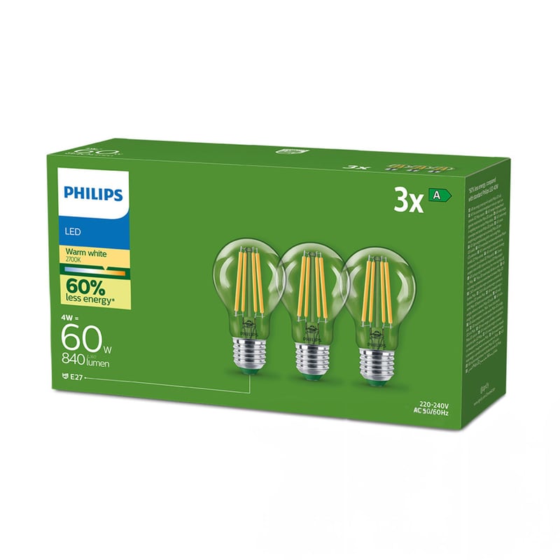 Philips LEDclassic E27 Leuchtmittel Ultra-Efficient, klar, Dreierpack, 8720169283886,