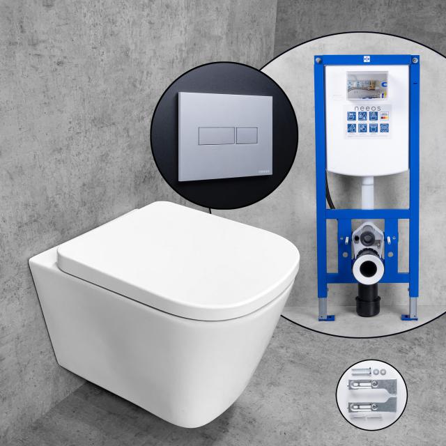 Premium 100 Komplett-SET Wand-WC mit neeos Vorwandelement, Betätigungsplatte mit eckiger Betätigung in chrom matt