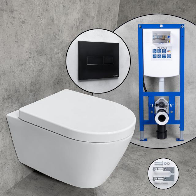 Premium 100 Komplett-SET Wand-WC mit neeos Vorwandelement, Betätigungsplatte mit eckiger Betätigung in schwarz matt
