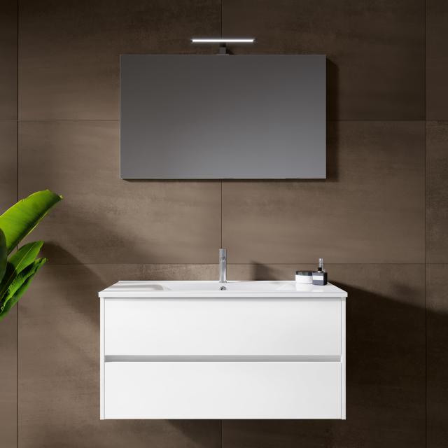 Riho Porto Wave Waschtisch mit Waschtischunterschrank und LED-Spiegel Front weiß hochglanz / Korpus weiß hochglanz