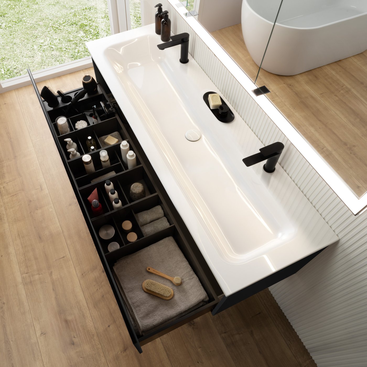rivea Dia vanity unit W: 161 cm with 1 pull-out compartment, washbasin ...