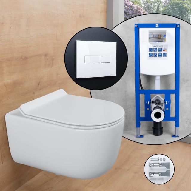 rivea Izumi Komplett-SET Wand-WC mit neeos Vorwandelement, Betätigungsplatte mit eckiger Betätigung in weiß, WC in weiß