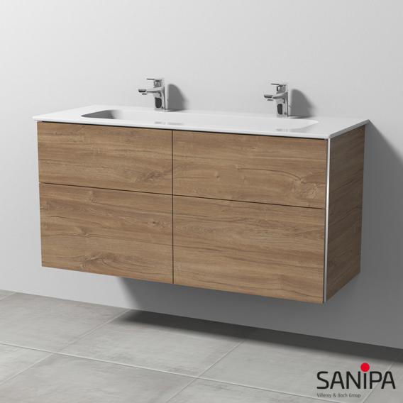 Sanipa 3way Doppelwaschtisch Design mit Waschtischunterschrank mit 4 Auszügen eiche kansas, mit Griffmulde
