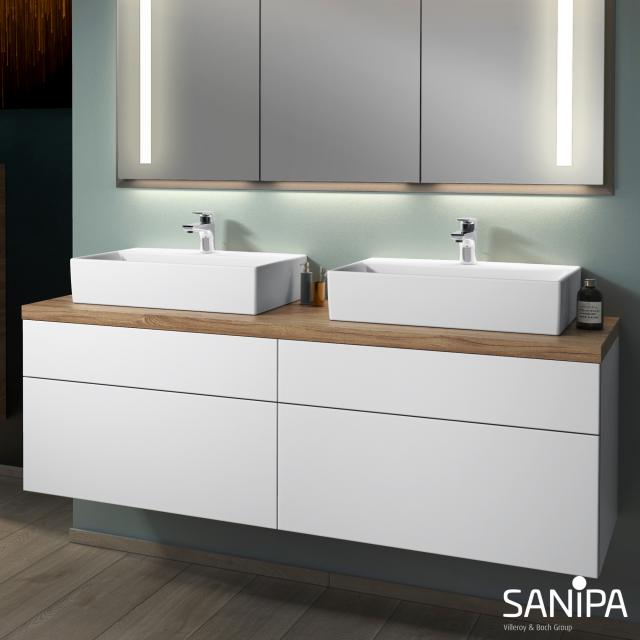Sanipa 2morrow Waschtischunterschrank für 2 Aufsatzwaschtische mit 4 Auszügen weiß matt/weiß soft, Abdeckplatte eiche kansas