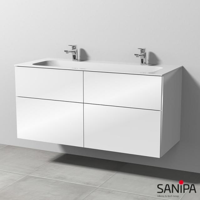 Sanipa 3way Doppelwaschtisch Finion mit Waschtischunterschrank mit 4 Auszügen Front weiß glanz / Korpus weiß glanz, mit Griffmulde