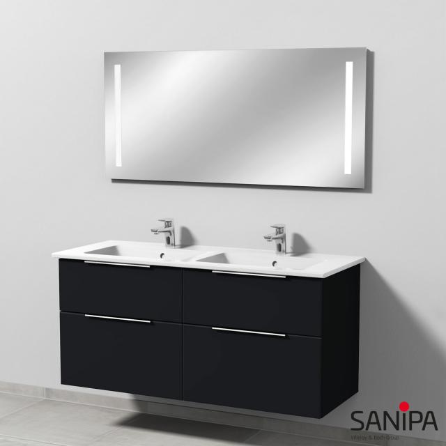 Sanipa 3way Doppelwaschtisch mit Waschtischunterschrank mit 4 Auszügen und Spiegel schwarz matt/verspiegelt, mit Griffleiste, Lichtfarbe neutralweiß
