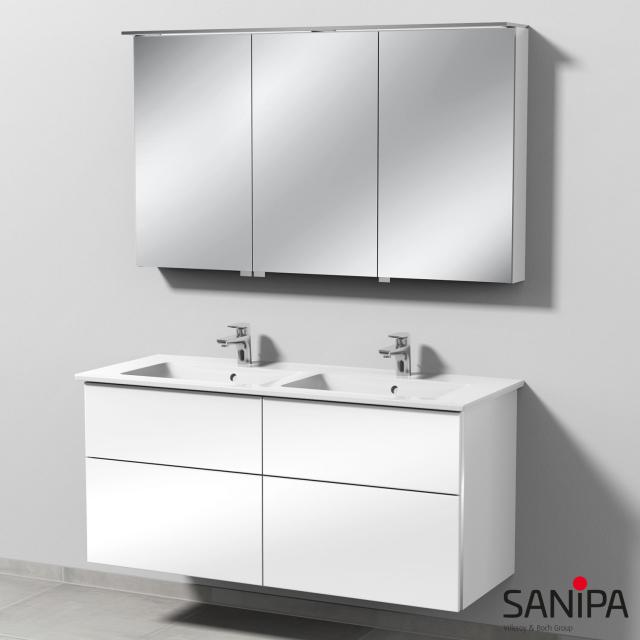 Sanipa 3way Doppelwaschtisch mit Waschtischunterschrank mit 4 Auszügen und Spiegelschrank weiß glanz/verspiegelt, mit Griffmulde