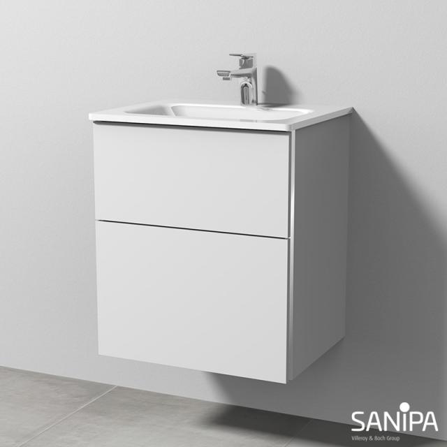 Sanipa 3way Waschtisch mit Waschtischunterschrank mit 2 Auszügen Front weiß soft / Korpus weiß soft, mit Griffmulde