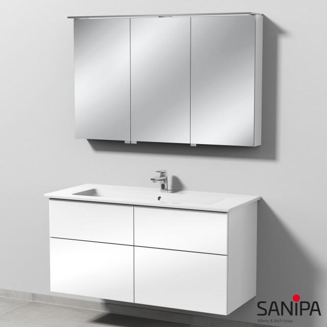 Sanipa 3way Waschtisch mit Waschtischunterschrank mit 4 Auszügen und Spiegelschrank weiß glanz/verspiegelt, mit Tip-On-Technik, Anschlag links, rechts, rechts
