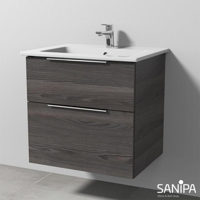 Sanipa 3way Waschtisch Venticello Waschtischunterschrank mit 2 Auszügen pinie schwarz, mit Griffleiste