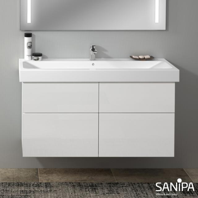 Sanipa 3way Waschtischunterschrank für iCon Doppelwaschtisch mit 4 Auszügen weiß soft, mit Griffmulde