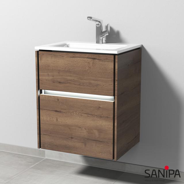 Sanipa TwigaGlas Handwaschbecken mit Waschtischunterschrank mit 2 Auszüge Front eiche tabak / Korpus eiche tabak