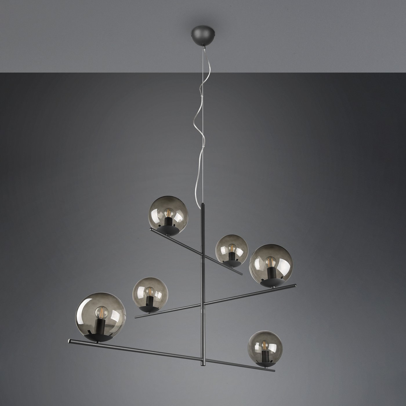 Trio Pendelleuchte Pure 6-flammig – Anthrazit Metall, Rauchfarbige Gläser, 150 Cm Hoch, Für E14 Birnen