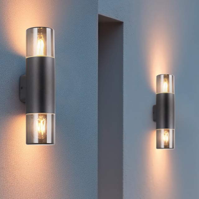 TRIO Leuchten Hoosic wall light, E27, 2 heads dimmable, black/transparent smoke - 224060232