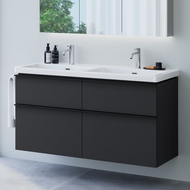 Villeroy & Boch Subway 3.0 Doppelwaschtisch, evineo ineo4 Unterschrank B: 130 cm, 4 Auszüge, mit Griff, schwarz matt, Waschtisch weiß - 4A71D501+BE0812BM