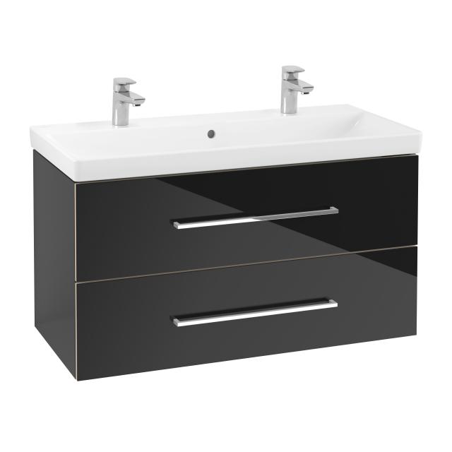Villeroy & Boch Avento Doppelwaschtisch mit Waschtischunterschrank mit 2 Auszügen crystal black, WT weiß mit Ceramicplus