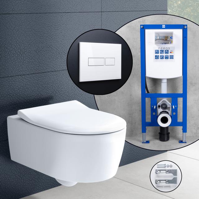 Villeroy & Boch Avento Komplett-SET Wand-WC mit neeos Vorwandelement, Betätigungsplatte mit eckiger Betätigung in weiß
