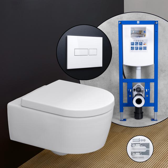 Villeroy & Boch Avento Komplett-SET Wand-WC mit neeos Vorwandelement, Betätigungsplatte mit eckiger Betätigung in weiß, mit CeramicPlus