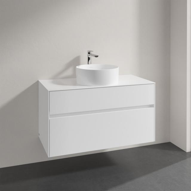 Villeroy & Boch Collaro Aufsatzwaschtisch mit Embrace Waschtischunterschrank mit 2 Auszügen glossy white, Griffmulde weiß matt, WT weiß