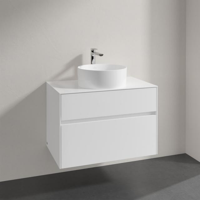 Villeroy & Boch Collaro Aufsatzwaschtisch mit Embrace Waschtischunterschrank mit 2 Auszügen glossy white, Griffmulde weiß matt, WT weiß, mit CeramicPlus