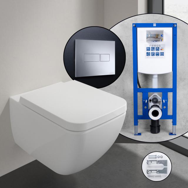 Villeroy & Boch Collaro Komplett-SET Wand-WC mit neeos Vorwandelement, Betätigungsplatte mit eckiger Betätigung in chrom, WC in weiß mit CeramicPlus