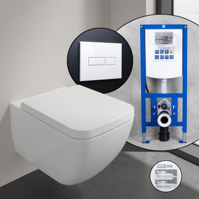 Villeroy & Boch Collaro Komplett-SET Wand-WC mit neeos Vorwandelement, Betätigungsplatte mit eckiger Betätigung in weiß, WC in weiß mit CeramicPlus