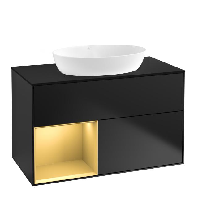 Villeroy & Boch Finion Waschtischunterschrank für Aufsatzwaschtisch mit 2 Auszügen, Regalelement links black matt/gold matt, Abdeckplatte black matt