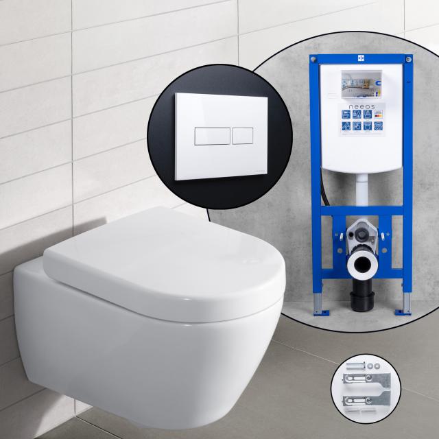 Villeroy & Boch Subway Komplett-SET Wand-Flachspül-WC mit neeos Vorwandelement, Betätigungsplatte mit eckiger Betätigung in weiß, mit CeramicPlus